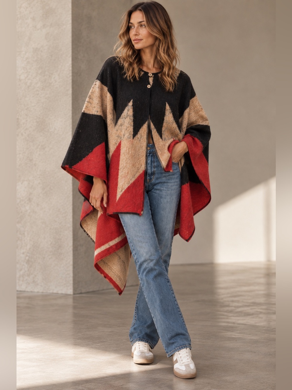 Brixton Berry Blanket Poncho Red Cream Wool Blend One Size